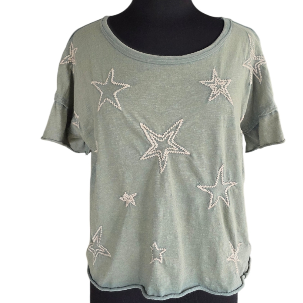 Kyla Seo Comfort Handmade Star Embroidered Short Sleeve Tee Small Top Sage Green